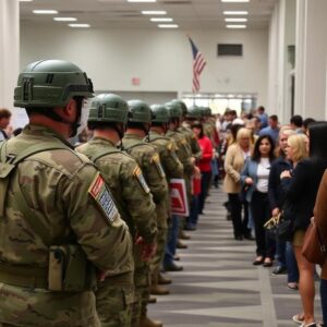 AI generated imaged of a line of National Guardsmen/women lined up inside a poling station alongside a single file queue of waiting voters. There is a Stars and Stripes at the end of the line of National Guardspersons flying above a windowed line of booths