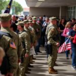 AI generated image of American National Guardsman/women stationed outside a poling station on election day